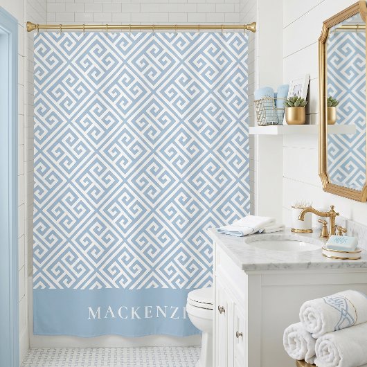 Rideaux De Douche Clé grecque bleu ciel et blanc Monogramme de nom