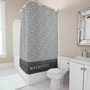 Rideaux De Douche Clé grecque grise charbon et blanche Monogramme de