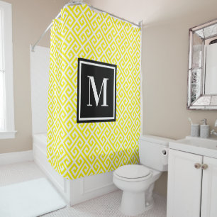 Rideaux De Douche Clé grecque jaune vif noir et blanc monogramme