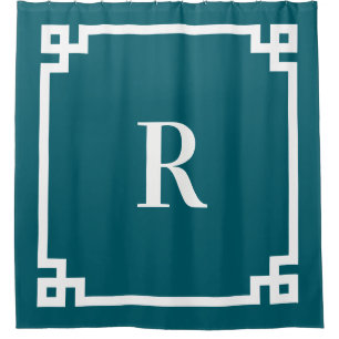 Rideaux De Douche Clé grecque simple monogramme sarcelle foncé et bl