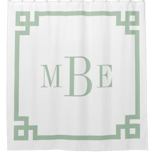Rideaux De Douche Clé grecque verte et blanche Sage | Monogramme (Devant)