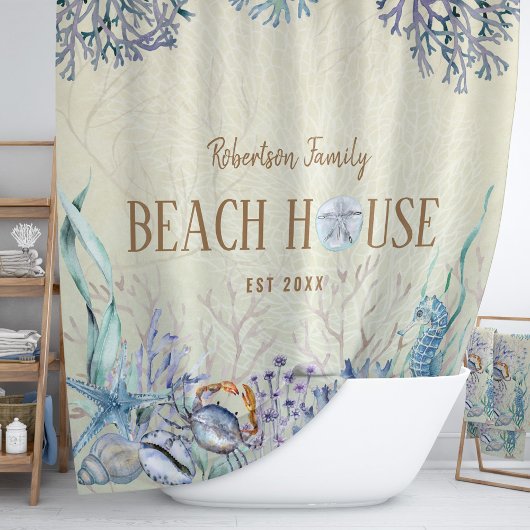 Rideaux De Douche Coastal Beach House Sea Life Nom de famille