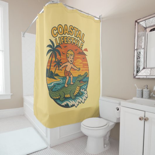 Rideaux De Douche Coastal Lifestyle Gator Surfing - Retro Surf Beach (En situation)