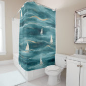 Rideaux De Douche Coastal Sailboat Waves Nautical Pattern (3) (En situation)