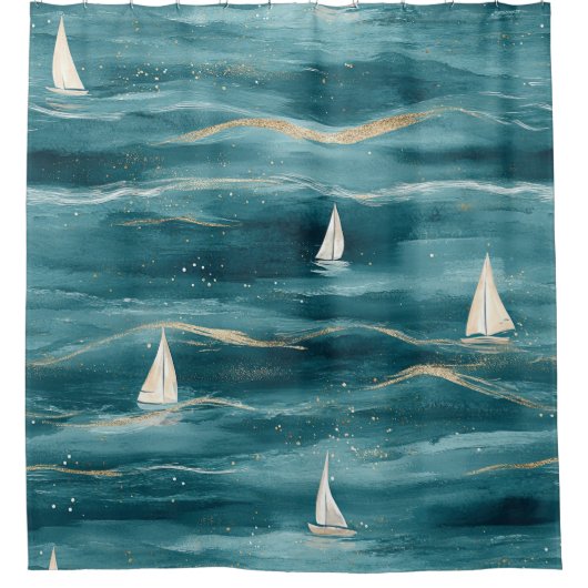 Rideaux De Douche Coastal Sailboat Waves Nautical Pattern (3) (Devant)
