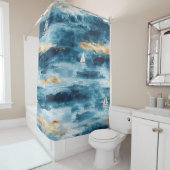 Rideaux De Douche Coastal Sailboat Waves Nautical Pattern (4) (En situation)