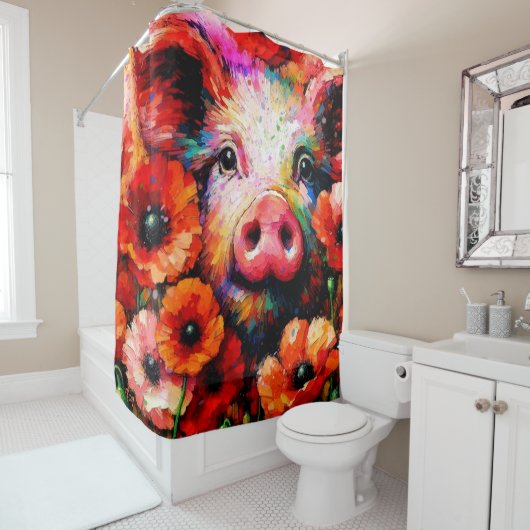 Rideaux De Douche Cochon impressionniste dans les fleurs de coquelic (En situation)