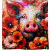 Rideaux De Douche Cochon impressionniste dans les fleurs de coquelic (Devant)