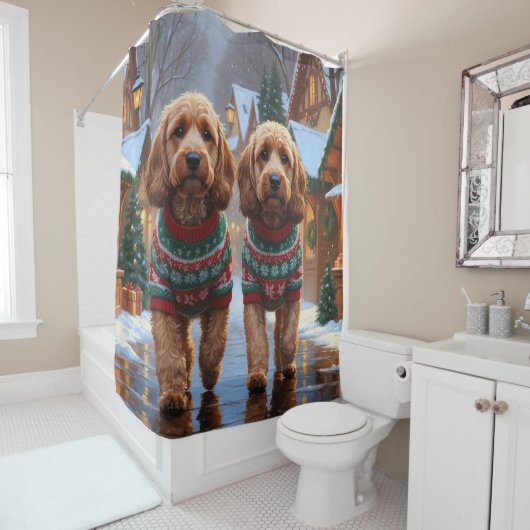 Rideaux De Douche Cockapoo Dogs Christmas Snow Holiday  (En situation)
