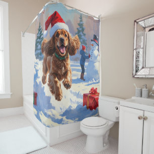 Rideaux De Douche Cocker Spaniel courant dans la neige avec un chape