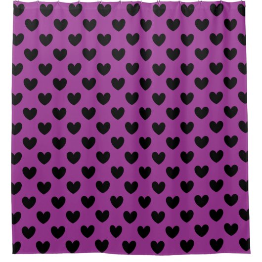 Rideaux De Douche Coeurs de polka noir sur violet (Devant)