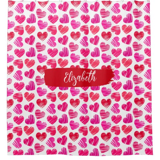 Rideaux De Douche Coeurs griffés rouges et roses modernes Valentine  (Devant)