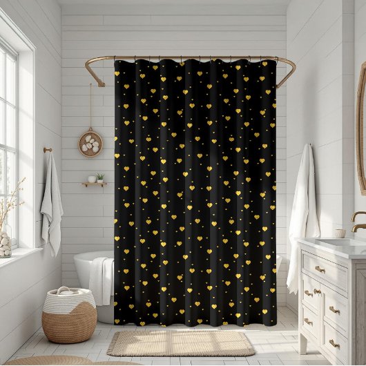 Rideaux De Douche Cœurs Pailletés Dorés Sur Fond Noir