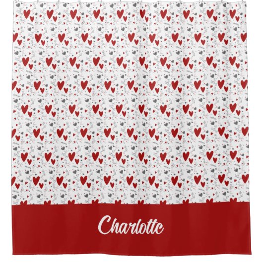 Rideaux De Douche Cœurs Rétro Doodle Rouge Noir Monogramme Nom (Devant)
