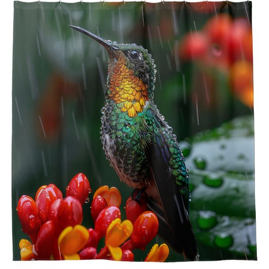 Rideaux De Douche Colibri perché sur une fleur vive (Devant)