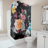 Rideaux De Douche Colibri, rose : arrière - plan noir aquarelle (En situation)