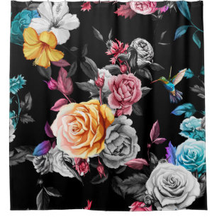 Rideaux De Douche Colibri, rose : arrière - plan noir aquarelle
