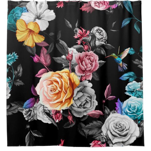 Rideaux De Douche Colibri, rose : arrière - plan noir aquarelle (Devant)