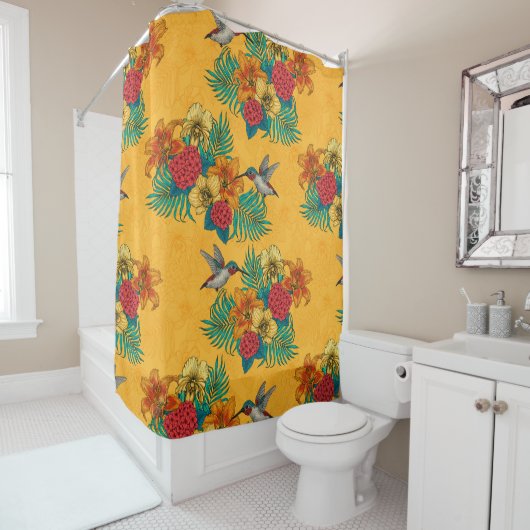 Rideaux De Douche Colibris et bouquet tropical en jaune (En situation)