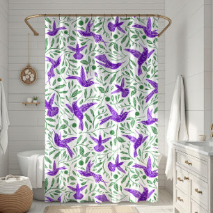 Rideaux De Douche Colibris violets avec des fleurs et des feuilles v