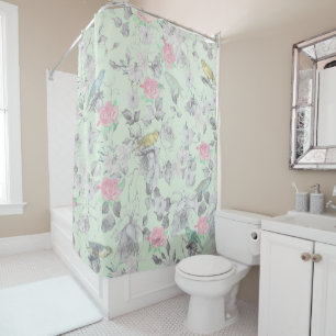 Rideaux De Douche Collage Floral Oiseaux Rose Blanc Menthe Vintage