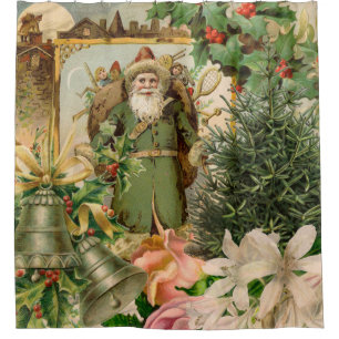 Rideaux De Douche Collage Noël Père Noël Vert Ancien Monde Antique
