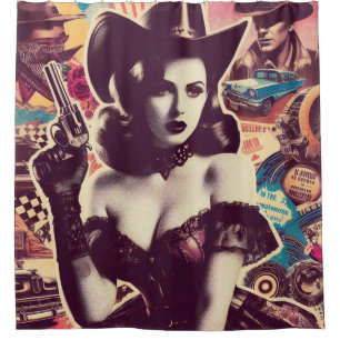 Rideaux De Douche Collage Retro Cowgirl