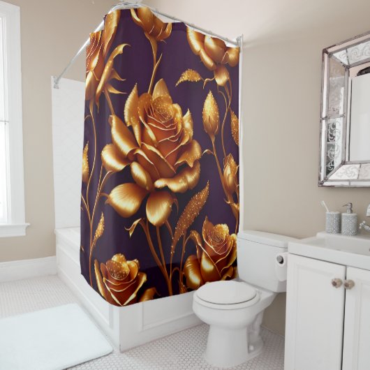 Rideaux De Douche Collection moderne de luxe Big Gold Rose (En situation)