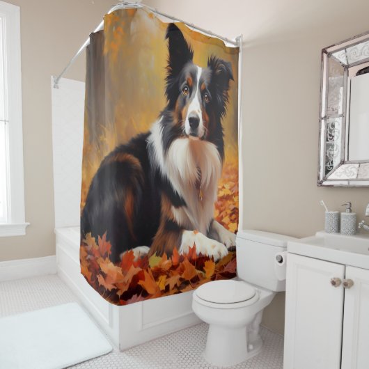 Rideaux De Douche Collie frontalier à l'automne Feuilles automne Ins (En situation)