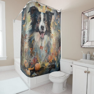 Rideaux De Douche Collie frontalier d'Halloween avec effroi Citrouil