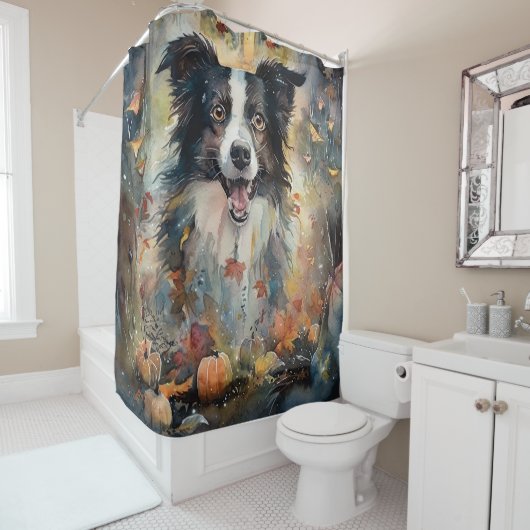 Rideaux De Douche Collie frontalier d'Halloween avec effroi Citrouil (En situation)