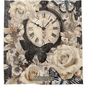 Rideaux De Douche Compas vintage et papillon - Papier rustique (4)