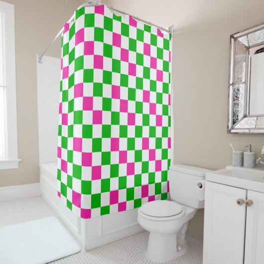 Rideaux De Douche Conception à carreaux rose blanc vert (En situation)