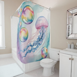 Rideaux De Douche Conception aquarelle de méduse arc-en-ciel fantais