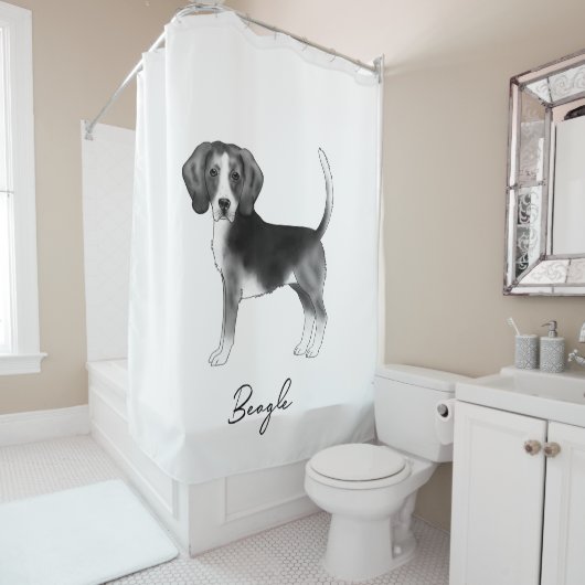 Rideaux De Douche Conception beagle Chien En Noir Et Blanc Avec Text (En situation)