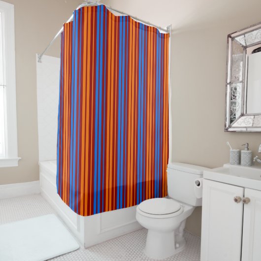 Rideaux De Douche Conception de bandes verticales orange rouge bleu (En situation)