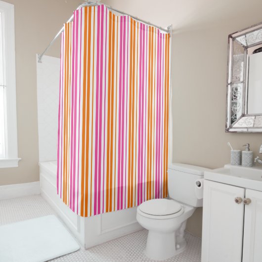 Rideaux De Douche Conception de bandes verticales rose orange blanc (En situation)