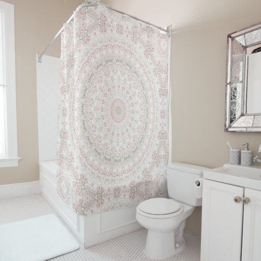 Rideaux De Douche Conception de motif mandala rose et vert pastel (En situation)