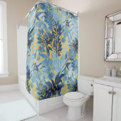 Rideaux De Douche Conception du feuillage jaune bleu métallique trop (En situation)