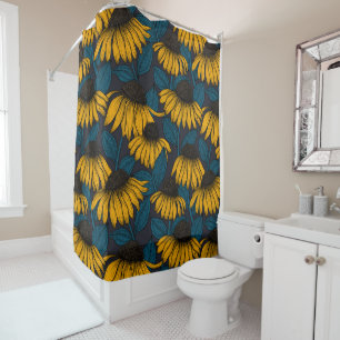 Rideaux De Douche Confleurs jaunes sur bleu foncé