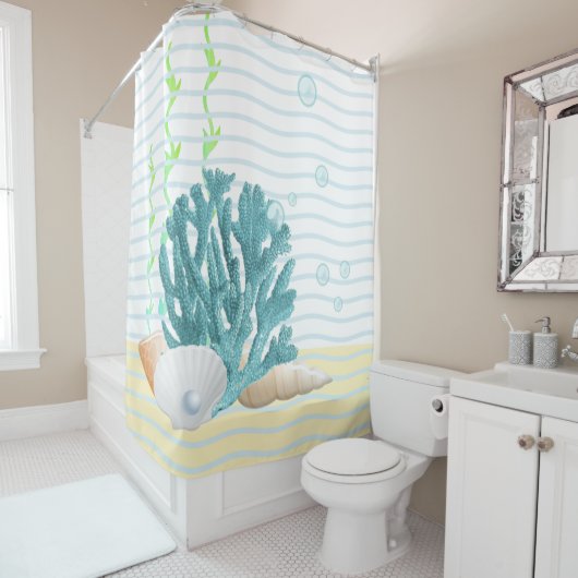 Rideaux De Douche Corail bleu, coquillages et perle bleue (En situation)