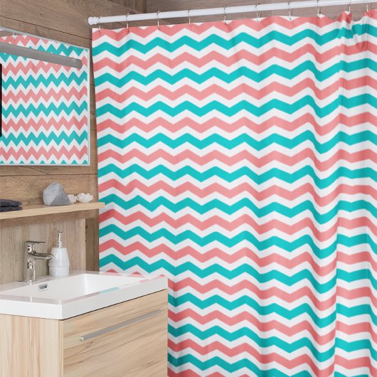 Rideaux De Douche Corail et Chevron Turquoise