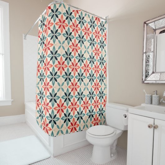Rideaux De Douche Corail et géométrie Turquoise (En situation)