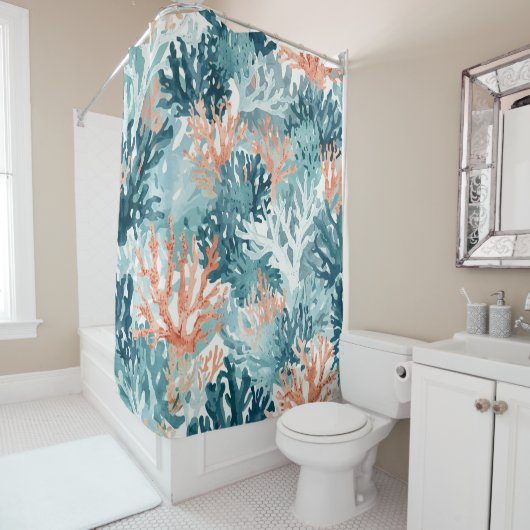 Rideaux De Douche Corail Sarcelle Vert Orange Plage (En situation)