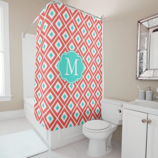Rideaux De Douche Corail, Turquoise, White Ikat Diamond Motif (En situation)