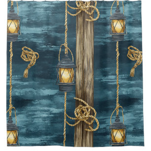 Rideaux De Douche Corde de lanterne nautique motif bleu côtier (2)