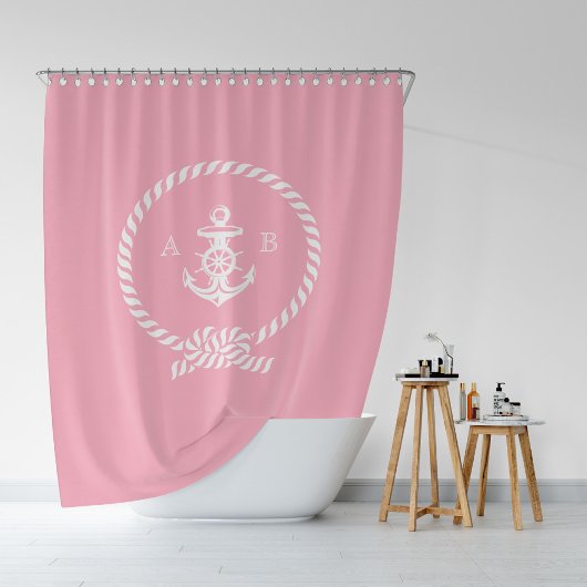 Rideaux De Douche Corde marine rose et monogramme Ancre