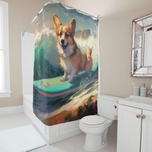 Rideaux De Douche Corgi Beach Surf Peinture (En situation)