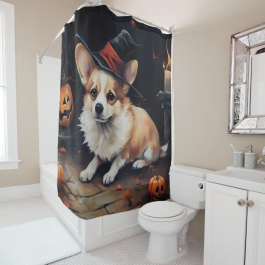 Rideaux De Douche Corgi Citrouilles Halloween Épouvantable (En situation)