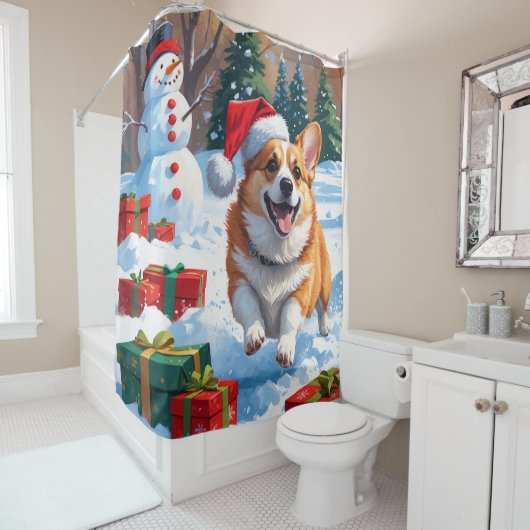 Rideaux De Douche Corgi coule en neige avec Casquette de Noël (En situation)